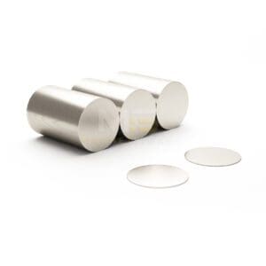 Round Circular Disc Neodymium magnet with dimensions 20mm x 1mm, grade N42, featuring a nickel-copper-nickel coating and an 1.22KG pull force, commonly used in DIY, crafts, furniture design, fixings, kitchen design, sale display units, scale models, lock mechanisms, science experiments, computing and many more.