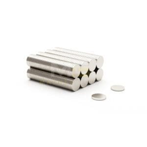 Round Circular Disc Neodymium magnet with dimensions 4mm x 1mm, grade N42, featuring a nickel-copper-nickel coating and an 0.16KG pull force, commonly used in DIY, crafts, furniture design, fixings, kitchen design, sale display units, scale models, lock mechanisms, science experiments, computing and many more.