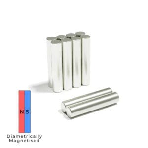 Round Circular Cylinder Rod Neodymium Diametrically magnet with dimensions 5mm x 50mm, grade N52 , featuring a nickel-copper-nickel coating and an 6.92KG pull force, commonly used in industries like engineering, manufacturing and packaging for their strong magnetic properties. They are also often used in theatre design, model making, exhibition design and furniture making.