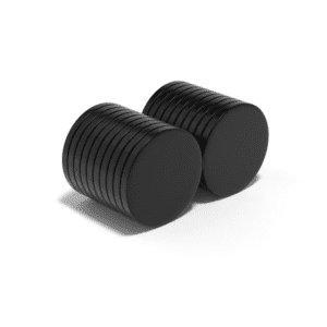 Black Round Circular Disc Epoxy Neodymium magnet with dimensions 20mm x 2mm, grade N52 , featuring a nickel-copper-nickel coating and an 3.48KG pull force, commonly used for DIY, crafts, woodworking, furniture making, manufacturing and science experiments.