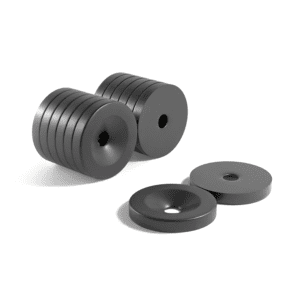 Black Round Circular Disc Epoxy Neodymium magnet with countersunk hole for screwing and with dimensions 20mm x 3mm x 5mm, grade N42, featuring a nickel-copper-nickel coating and an 4.21KG pull force, commonly used in DIY, crafts, furniture design, fixings, kitchen design, lock mechanisms and science experiments.
