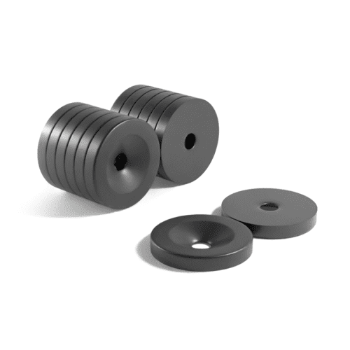 Black Round Circular Disc Epoxy Neodymium magnet with countersunk hole for screwing and with dimensions 20mm x 3mm x 5mm, grade N42, featuring a nickel-copper-nickel coating and an 4.21KG pull force, commonly used in DIY, crafts, furniture design, fixings, kitchen design, lock mechanisms and science experiments.