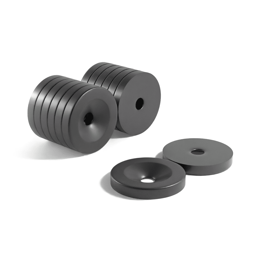 Black Round Circular Disc Epoxy Neodymium magnet with countersunk hole for screwing and with dimensions 20mm x 3mm x 5mm, grade N42, featuring a nickel-copper-nickel coating and an 4.21KG pull force, commonly used in DIY, crafts, furniture design, fixings, kitchen design, lock mechanisms and science experiments.