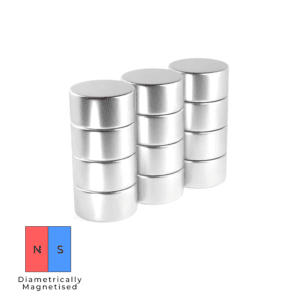 Round Cylinder Diametrically Neodymium magnet with dimensions 10mm x 10mm, grade N52, featuring a nickel-copper-nickel coating and an 2.52KG pull force, commonly used in industries like engineering, manufacturing and packaging for their strong magnetic properties. They are also often used in theatre design, model making, exhibition design and furniture making.