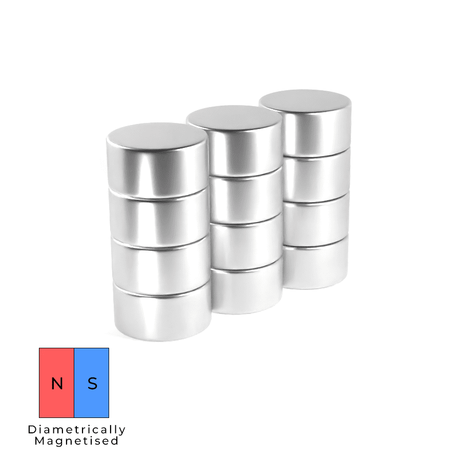Round Cylinder Diametrically Neodymium magnet with dimensions 10mm x 10mm, grade N52, featuring a nickel-copper-nickel coating and an 2.52KG pull force, commonly used in industries like engineering, manufacturing and packaging for their strong magnetic properties. They are also often used in theatre design, model making, exhibition design and furniture making.