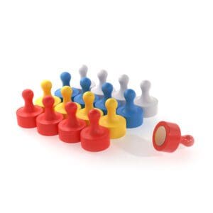 Colourful magnetic pins with a round plastic head, grade N35, size 12mm, and pull force of 0.99KG, used for securing notes and documents to magnetic surfaces like whiteboards and refrigerators.