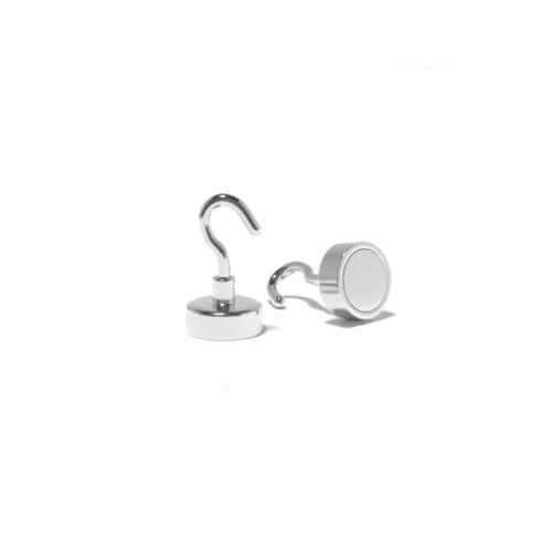 Magnetic Hooks with a flat base and metal hook with dimensions 20mm, grade N35, featuring a nickel-copper-nickel coating and an 12KG pull force. These are most commonly used for home & DIY, retail displays and industrial use. Many large corporations use hook magnets for cable management or holding things into position inside/outside large steel containers.