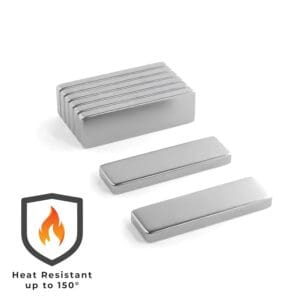 Rectangular block Neodymium magnet with dimensions 20mm x 6mm x 2mm, grade N45SH, featuring a nickel-copper-nickel coating and an 1.71KG pull force, commonly used in DIY, crafts, woodworking, furniture making, manufacturing, engineering, retail, education and science experiments.