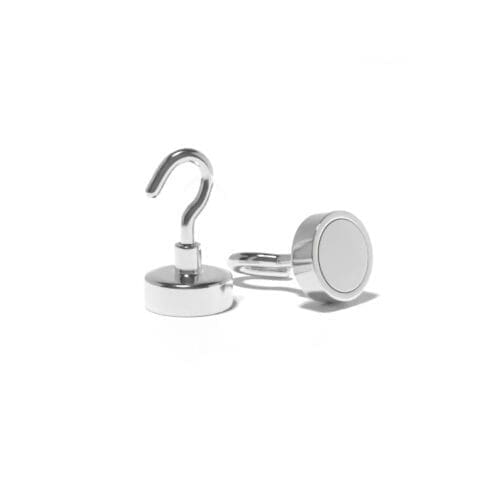 Magnetic Hooks with a flat base and metal hook with dimensions 25mm, grade N35, featuring a nickel-copper-nickel coating and an 23KG pull force. These are most commonly used for home & DIY, retail displays and industrial use. Many large corporations use hook magnets for cable management or holding things into position inside/outside large steel containers.