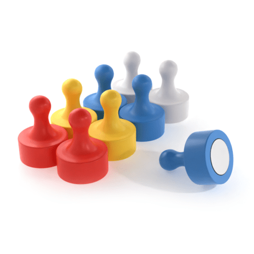 Colourful magnetic pins with a round plastic head, grade N35, size 29mm, and pull force of 5.22KG, used for securing notes and documents to magnetic surfaces like whiteboards and refrigerators.