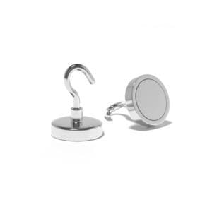 Magnetic Hooks with a flat base and metal hook with dimensions 32mm, grade N35, featuring a nickel-copper-nickel coating and an 34KG pull force. These are most commonly used for home & DIY, retail displays and industrial use. Many large corporations use hook magnets for cable management or holding things into position inside/outside large steel containers.