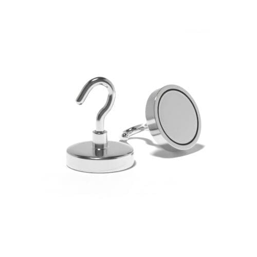 Magnetic Hooks with a flat base and metal hook with dimensions 36mm, grade N35, featuring a nickel-copper-nickel coating and an 50KG pull force. These are most commonly used for home & DIY, retail displays and industrial use. Many large corporations use hook magnets for cable management or holding things into position inside/outside large steel containers.