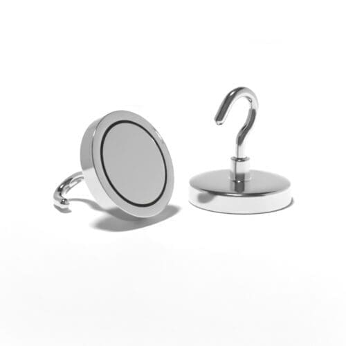 Magnetic Hooks with a flat base and metal hook with dimensions 42mm, grade N35, featuring a nickel-copper-nickel coating and an 72KG pull force. These are most commonly used for home & DIY, retail displays and industrial use. Many large corporations use hook magnets for cable management or holding things into position inside/outside large steel containers.