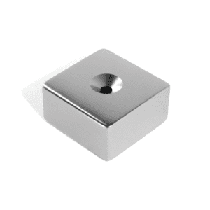 Square Block Neodymium magnet with countersunk hole for screwing and with dimensions 50mm x 50mm x 25mm x (8mm Hole), grade N52, featuring a nickel-copper-nickel coating and an 138.25KG pull force, commonly used in DIY, crafts, furniture design, fixings, kitchen design, lock mechanisms and science experiments.