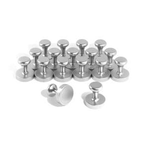 Chrome magnetic push pins, grade N35, size D12mm, used for securing notes and documents to magnetic surfaces like whiteboards and refrigerators.