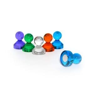 Colourful Acrylic magnetic pins with a round plastic head, grade N35, size D15, and pull force of 1.27KG, used for securing notes and documents to magnetic surfaces like whiteboards and refrigerators.