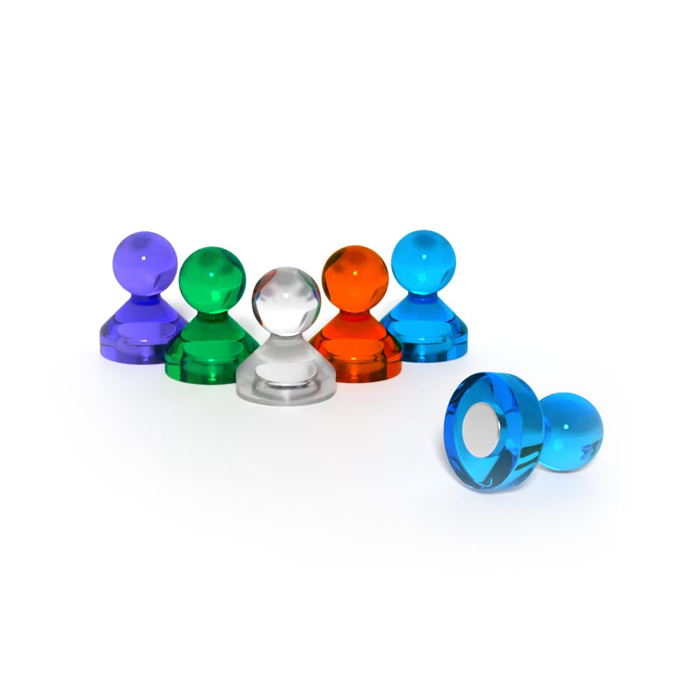 Colourful Acrylic magnetic pins with a round plastic head, grade N35, size D15, and pull force of 1.27KG, used for securing notes and documents to magnetic surfaces like whiteboards and refrigerators.