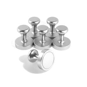 Chrome magnetic push pins, grade N35, size D20mm, used for securing notes and documents to magnetic surfaces like whiteboards and refrigerators.