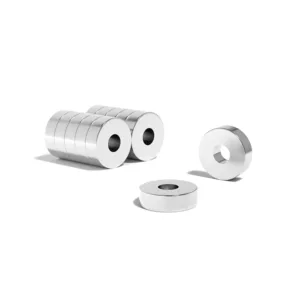 Round Circular Disc Neodymium magnet with ring hole with dimensions OD17mm x ID6mm x 5mm, grade N52 , featuring a nickel-copper-nickel coating and an 7.38KG pull force. With their strong magnetic force and sleek circular design, these versatile ring-shaped magnets can be easily incorporated into various applications, such as DIY, speaker assemblies, electric motors, science experiments, manufacturing processes and much more.