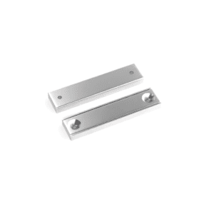 Rectangular block channel magnets with countersunk hole for screwing and with dimensions 50mm x 13.5mm x 5mm (Two 3.3mm c/s holes), grade N35 , featuring a nickel-copper-nickel coating and an 27KG pull force, commonly used for securing into a flat service and used as magnetic door latches or holding display items and signs into place.