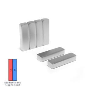 Rectangular block Neodymium Diametrically magnetised with dimensions 38mm x 11mm x 7mm Block Diametrically, grade N52, featuring a nickel-copper-nickel coating and an 10.01KG pull force, commonly used for manufacturing, engineering, education and physics / science experiments.