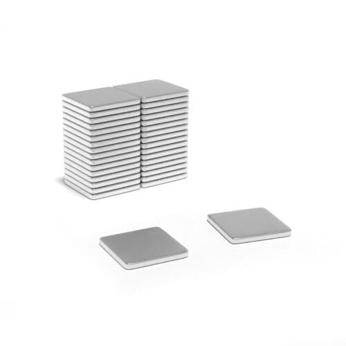 Square block Neodymium magnet with dimensions 15mm x 15mm x 1mm , grade N42, featuring a nickel-copper-nickel coating and an 1.04KG pull force, commonly used in industrial applications, electronics, and hobby projects.