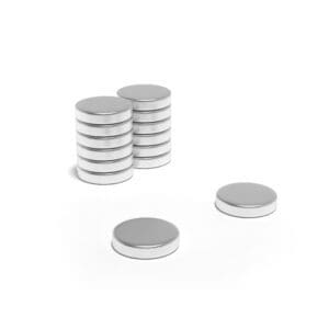 Round Circular Disc Neodymium magnet with dimensions 16mm x 3.5mm, grade N42 , featuring a nickel-copper-nickel coating and an 4.17KG pull force, commonly used in DIY, crafts, furniture design, fixings, kitchen design, sale display units, scale models, lock mechanisms, science experiments, computing and many more.