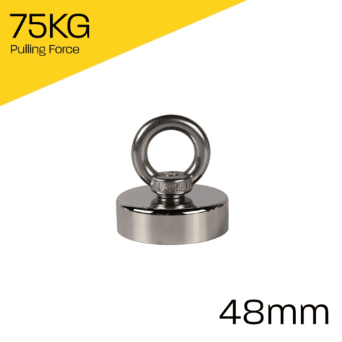 Heavy-duty fishing magnet brand Magnet Store 48mm Pot Magnet featuring a nickel-copper-nickel coating and an 75KG pull force, commonly used in for retrieving items from bodies of water such as canals and rivers.