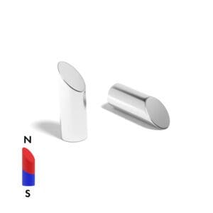 Mitre Cylinder Neodymium magnet with slanted angle edge and with dimensions 10mm x 30mm North, grade N52, featuring a nickel-copper-nickel coating and an 7.5KG pull force, commonly used in magnetic electric motors in electric and hybrid vehicles, as well as in household appliances like washing machines, these versatile magnets are also perfect for enhancing DIY, craft, engineering, manufacturing, and scientific projects.