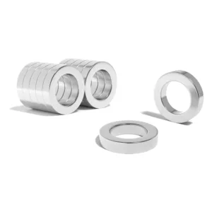 Round Circular Disc Neodymium magnet with ring hole with dimensions OD25mm x ID16mm x 5mm Ring, grade N52 , featuring a nickel-copper-nickel coating and an 27.8KG pull force. With their strong magnetic force and sleek circular design, these versatile ring-shaped magnets can be easily incorporated into various applications, such as DIY, speaker assemblies, electric motors, science experiments, manufacturing processes and much more.