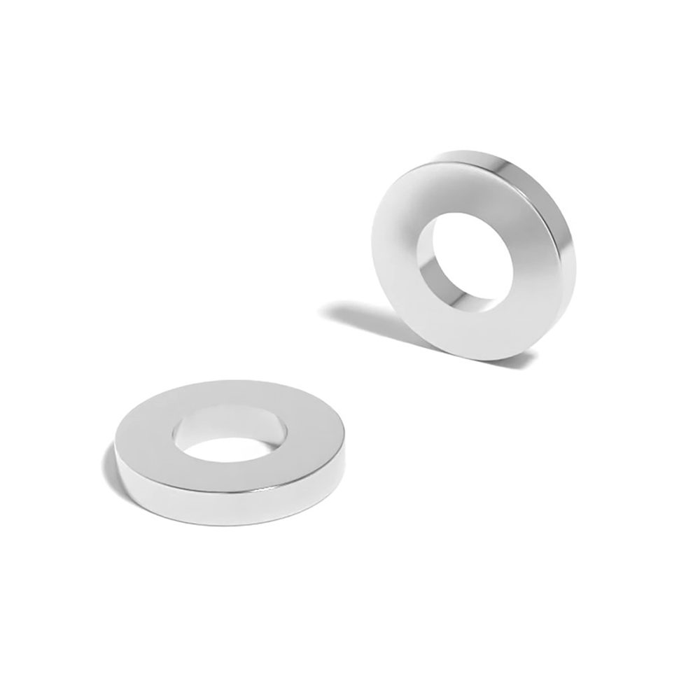 Round Circular Disc Neodymium magnet with ring hole with dimensions OD30mm x ID15mm x 5mm ring, grade N52 , featuring a nickel-copper-nickel coating and an 13.5KG pull force, commonly used in DIY, speaker assemblies, electric motors, science experiments, manufacturing processes and much more.
