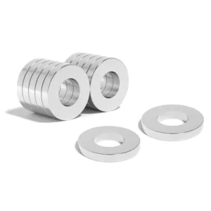 Round Circular Disc Neodymium magnet with ring hole with dimensions OD30mm x ID15mm x T5mm, grade N52 , featuring a nickel-copper-nickel coating and an 13.5KG pull force. With their strong magnetic force and sleek circular design, these versatile ring-shaped magnets can be easily incorporated into various applications, such as DIY, speaker assemblies, electric motors, science experiments, manufacturing processes and much more.