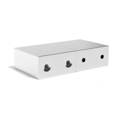 Square block Neodymium magnet with countersunk hole for screwing and with dimensions 40mm x 20mm x 2mm (3mm Double Hole) Neodymium Block Countersunk, grade N42 , featuring a nickel-copper-nickel coating and an 4.16KG pull force, commonly used in DIY, crafts, furniture design, fixings, kitchen design, lock mechanisms and science experiments.