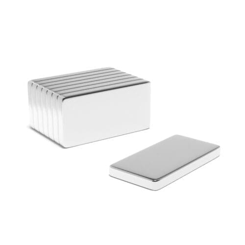 Rectangular Block Neodymium magnet with dimensions 20mm x 10mm x 2mm, grade N42, featuring a nickel-copper-nickel coating and an 2.22kg pull force, commonly used in industrial applications, electronics, and hobby projects.