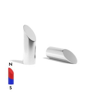 Mitre Cylinder Neodymium magnet with slanted angle edge and with dimensions 20mm x 60mm North, grade N52, featuring a nickel-copper-nickel coating and an 45KG pull force, commonly used in magnetic electric motors in electric and hybrid vehicles, as well as in household appliances like washing machines, these versatile magnets are also perfect for enhancing DIY, craft, engineering, manufacturing, and scientific projects.