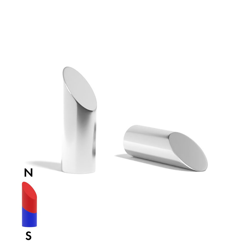 Mitre Cylinder Neodymium magnet with slanted angle edge and with dimensions 20mm x 60mm North, grade N52, featuring a nickel-copper-nickel coating and an 45KG pull force, commonly used in magnetic electric motors in electric and hybrid vehicles, as well as in household appliances like washing machines, these versatile magnets are also perfect for enhancing DIY, craft, engineering, manufacturing, and scientific projects.