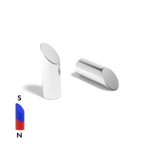 Mitre Cylinder Neodymium magnet with slanted angle edge and with dimensions 10mm x 30mm South, grade N52 , featuring a nickel-copper-nickel coating and an 7.5KG pull force, commonly used in magnetic electric motors in electric and hybrid vehicles, as well as in household appliances like washing machines, these versatile magnets are also perfect for enhancing DIY, craft, engineering, manufacturing, and scientific projects.