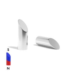 Mitre Cylinder Neodymium magnet with slanted angle edge and with dimensions 20mm x 60mm South, grade N52, featuring a nickel-copper-nickel coating and an 45KG pull force, commonly used in magnetic electric motors in electric and hybrid vehicles, as well as in household appliances like washing machines, these versatile magnets are also perfect for enhancing DIY, craft, engineering, manufacturing, and scientific projects.