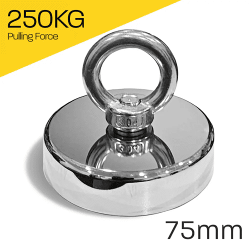 Heavy-duty fishing magnet brand Magnet Store 75mm Pot Magnet featuring a nickel-copper-nickel coating and an 200KG pull force, commonly used in for retrieving items from bodies of water such as canals and rivers.