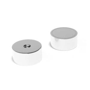 Powerful small versatile 19mm x 8mm (M5 Threaded Hole) pot magnet, featuring a nickel-copper-nickel coating and an 19.11KG pull force. These Neodymium pot magnets are often used for hanging and retrieval of small metal objects.