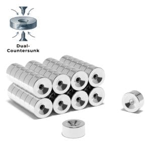 Round Circular Disc Neodymium magnet with dual countersunk hole for screwing and with dimensions 10mm x 5mm x (5mm Countersunk Hole), grade N42, featuring a nickel-copper-nickel coating and an 2.90KG pull force, Featuring countersunk holes on both sides. These magnets are perfect for DIY projects, crafts, woodworking, furniture making, manufacturing, and science experiments.
