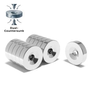 Round Circular Disc Neodymium magnet with dual countersunk hole for screwing and with dimensions 20mm x 5mm x (5mm Countersunk Hole), grade N52, featuring a nickel-copper-nickel coating and an 9.21KG pull force, Featuring countersunk holes on both sides. These magnets are perfect for DIY projects, crafts, woodworking, furniture making, manufacturing, and science experiments.