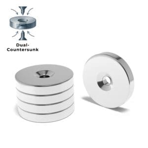 Round Circular Disc Neodymium magnet with dual countersunk hole for screwing and with dimensions 30mm x 5mm x (5mm Countersunk Hole), grade N52, featuring a nickel-copper-nickel coating and an 14.55KG pull force, Featuring countersunk holes on both sides. These magnets are perfect for DIY projects, crafts, woodworking, furniture making, manufacturing, and science experiments.