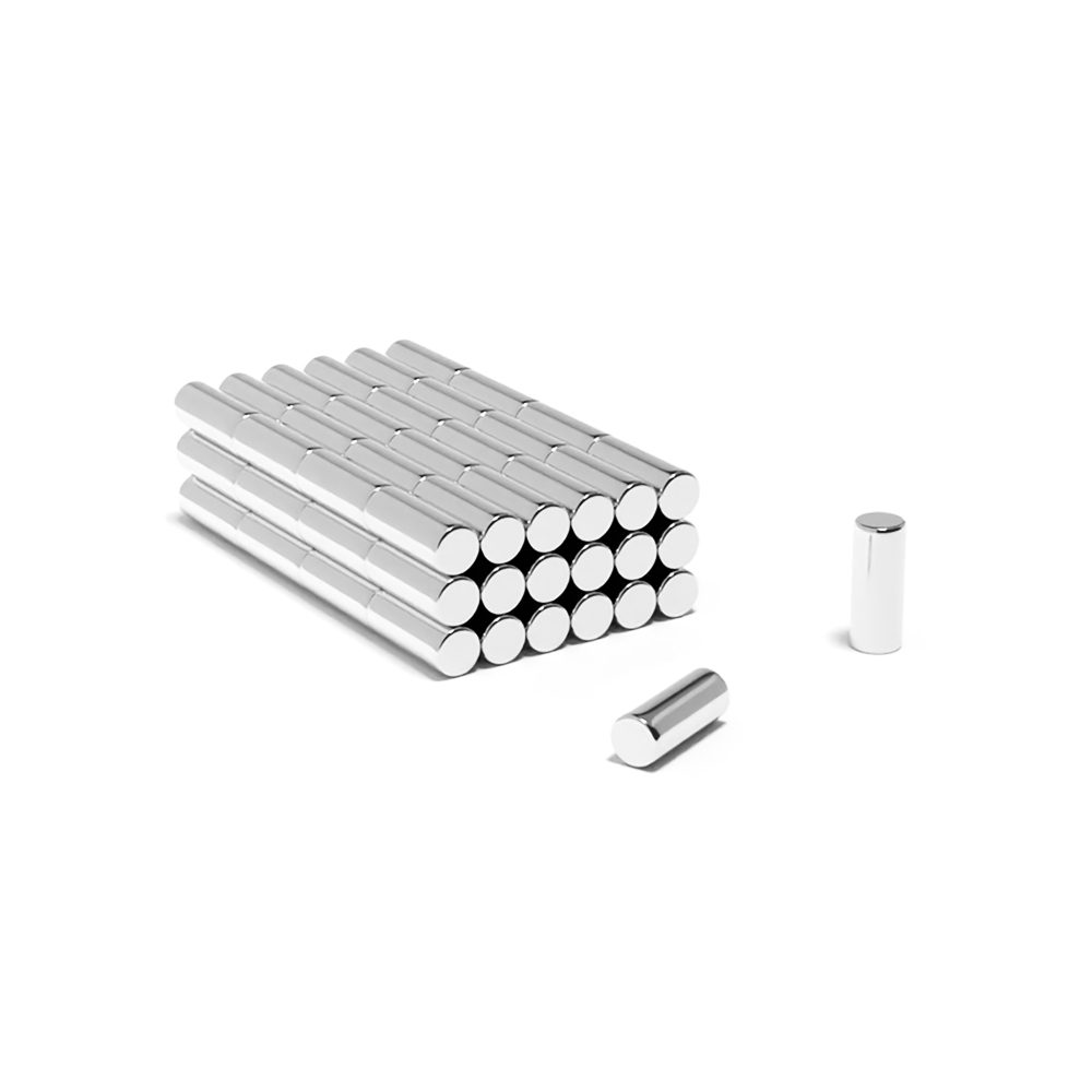 Round Circular Cylinder Rod Neodymium magnet with dimensions 4mm x 10mm, grade N54 , featuring a nickel-copper-nickel coating and an 0.85KG pull force, commonly used in DIY, crafts, furniture design, fixings, kitchen design, sale display units, scale models, lock mechanisms, science experiments, computing and many more.