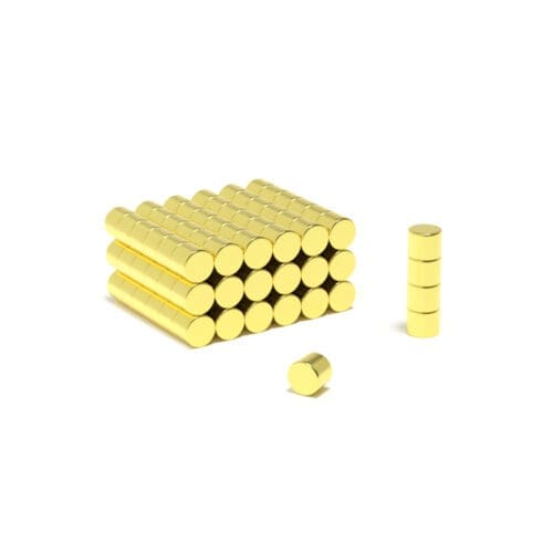 Round Gold Circular Disc Neodymium magnet with dimensions 5mm x 4mm, grade N52 , featuring a nickel-copper-nickel coating and an 0.99KG pull force, commonly used in DIY, crafts, furniture design, fixings, kitchen design, sale display units, scale models, lock mechanisms, science experiments, computing and many more.