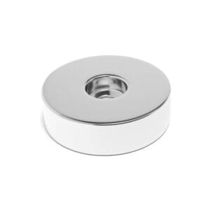 Round Circular Disc Neodymium magnet with counterbore hole for screwing and with dimensions 65mm x 20mm x (5mm Counterbore Hole), grade N52 , featuring a nickel-copper-nickel coating and an 135KG pull force. They are a staple in various applications including DIY, crafts, cabinetry, furniture assembly, and scientific experiments.