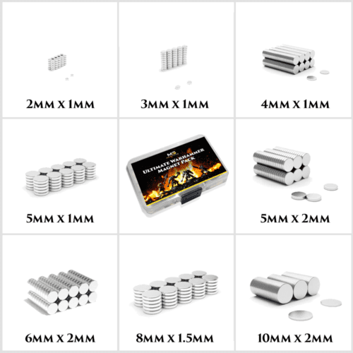Ultimate Warhammer Magnet Pack – Premium Neodymium Magnets for Miniatures with the size of magnets that is inside the pack.