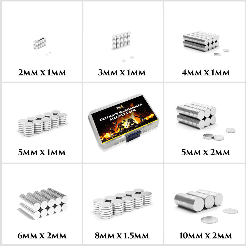 Ultimate Warhammer Magnet Pack – Premium Neodymium Magnets for Miniatures with the size of magnets that is inside the pack.