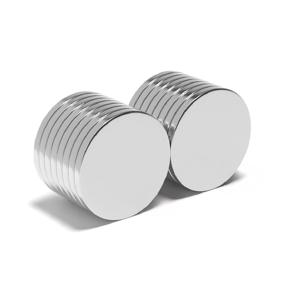 Round Circular Disc Neodymium magnet with dimensions 22mm x 2mm, grade N35, featuring a nickel-copper-nickel coating and an 2.49KG pull force, commonly used in DIY, crafts, furniture design, fixings, kitchen design, sale display units, scale models, lock mechanisms, science experiments, computing and many more.