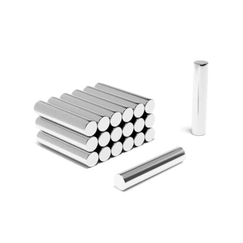 Round Circular Cylinder Rod Neodymium magnet with dimensions 5mm x 25mm, grade N52, featuring a nickel-copper-nickel coating and an 1.41KG pull force, commonly used in DIY, crafts, furniture design, fixings, kitchen design, sale display units, scale models, lock mechanisms, science experiments, computing and many more.
